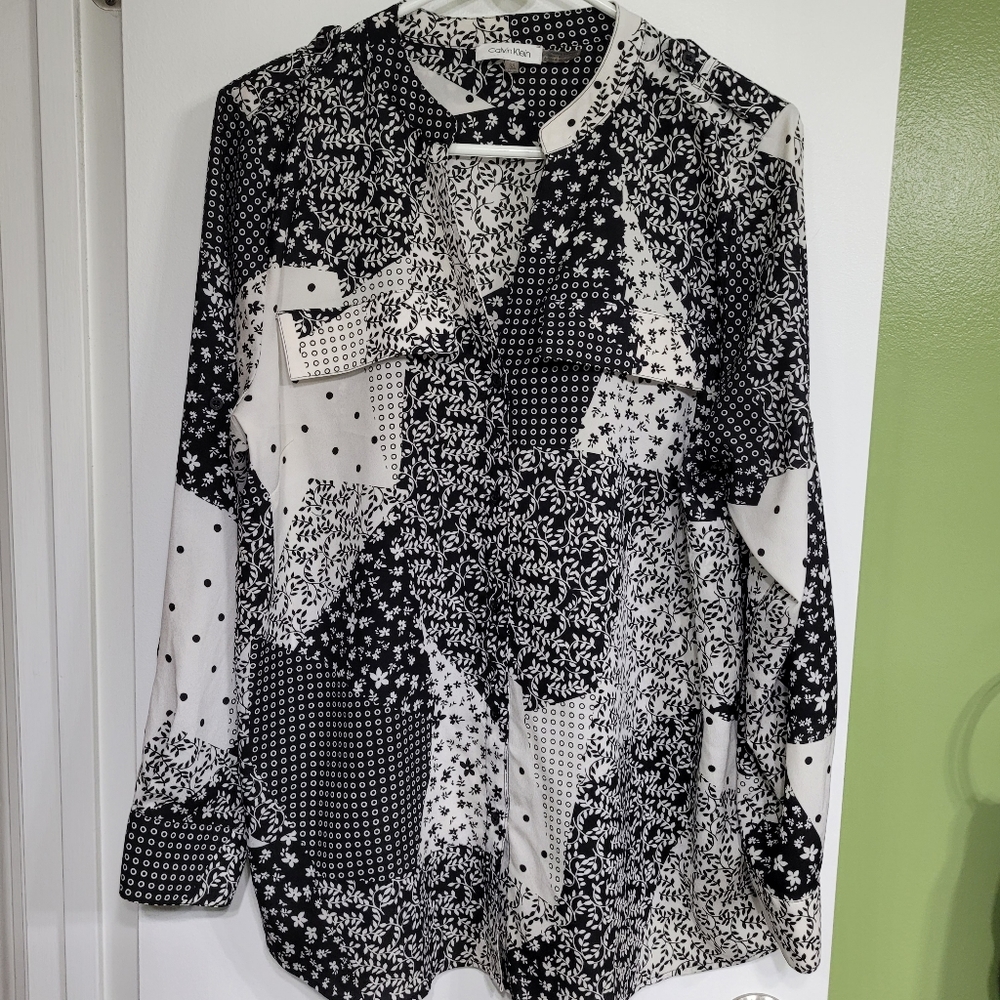 Calvin Klein Womens Shirt Plus Sz 0x Long Sleeve Button Up Patchwork Blouse Top